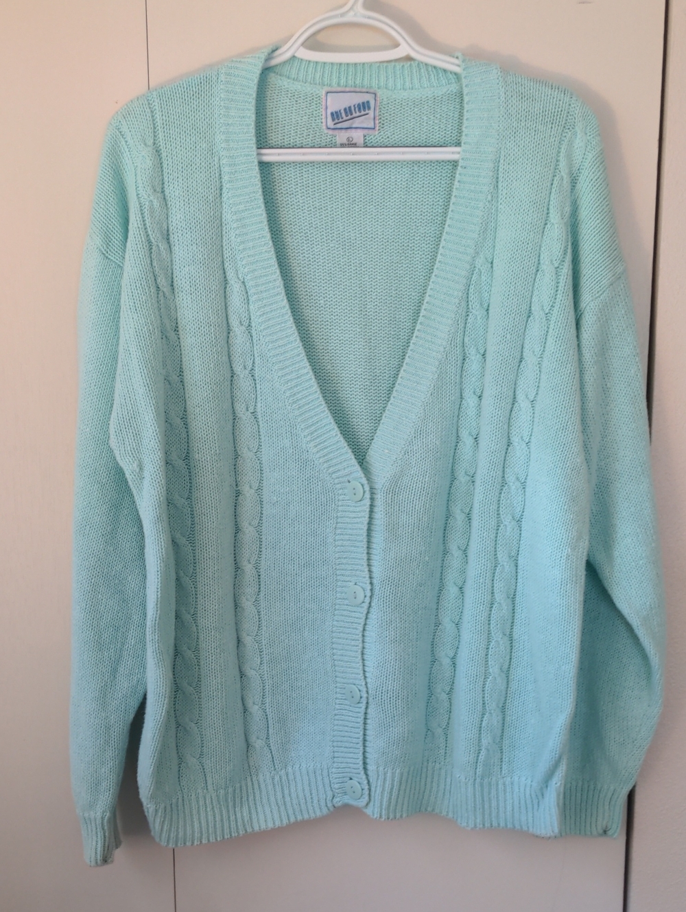 Vintage (80s/90s) Chunky Cable Knit Cardigan Mint Green Sz L Rue Du Four